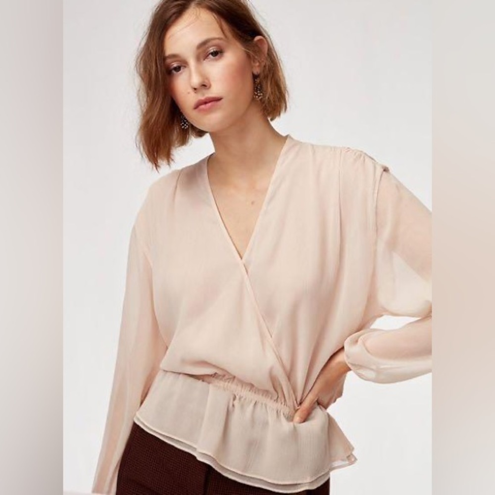 Little Moon Lunaria Semi Sheer Nude Wrap Front Ruffle Hem Blouse Size L